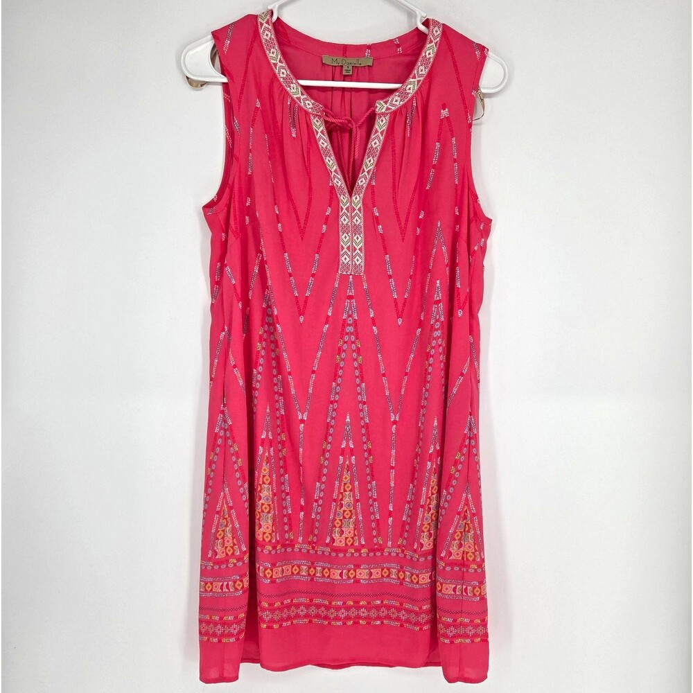 My Danielle Womens Shift Dress Small Pink Geometric Chiffon Lined V-Neck Boho